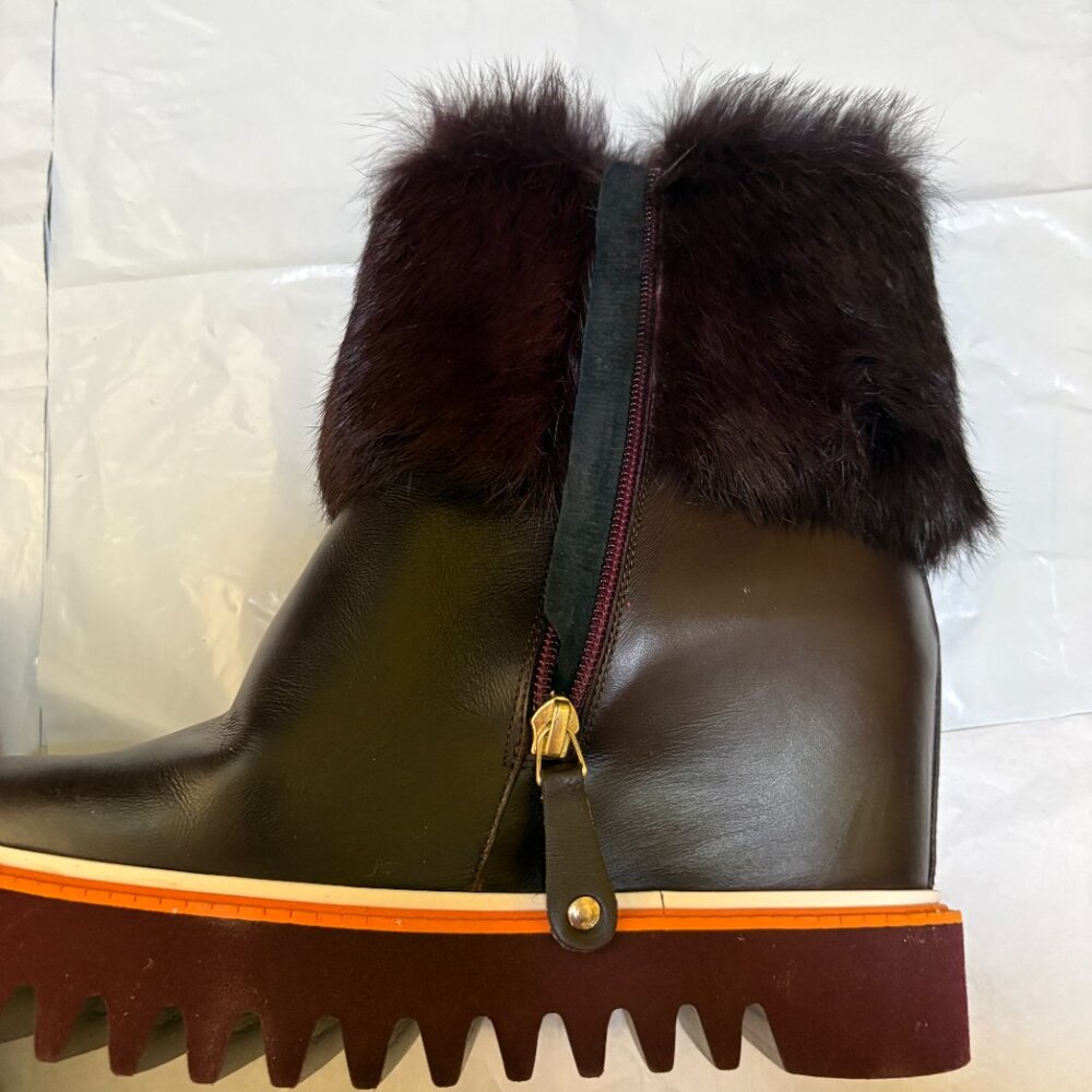 Palomitas Paloma Barcelo Boots Wedge Booties Sz 38EU/37.5US Real Fur Decor $590 - Picture 11 of 13
